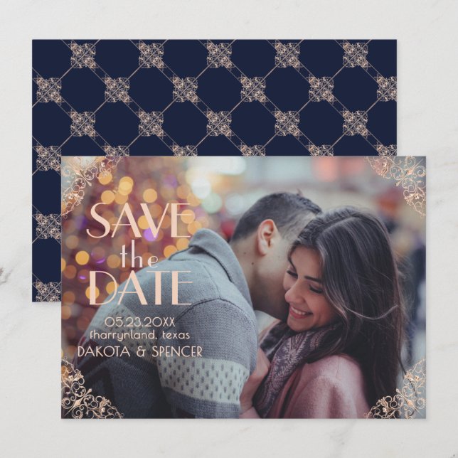 Art Deco Glamour | Navy Blue Rose Gold Ornamental Save The Date (Vorne/Hinten)