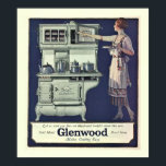 Art Deco Glenwood Stove Poster<br><div class="desc">Ein wunderschönes Art Deco Poster, das die Wunder des Glenwood Stove propagiert, der das Kochen so viel einfacher machen wird. Poster zeigt eine schöne Frau, die ihren neuen wunderschönen Ofen bewundert und sehr stolz auf ihre Kochkünste aussieht. Hinweis: Die Vergrößerung dieses Bildes kann zu einem schlechten Druck führen.</div>