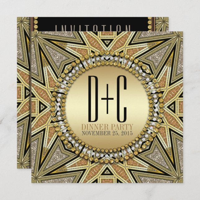 Art Deco Glitteri Goldenes Abendessen Party Einlad Einladung (Vorne/Hinten)