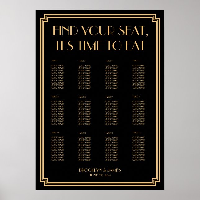 Art Deco Gold Black 20x28 Seating Chart Poster (Vorne)