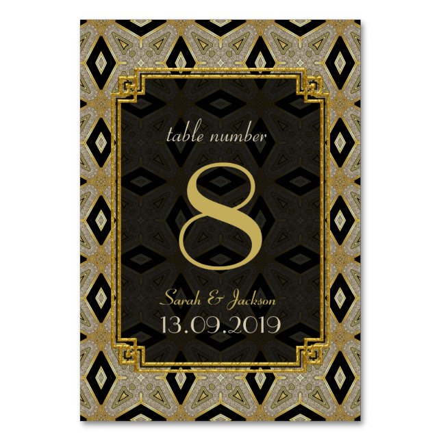 Art Deco Gold Black Diamond Wedding Tischnummer (Vorderseite)