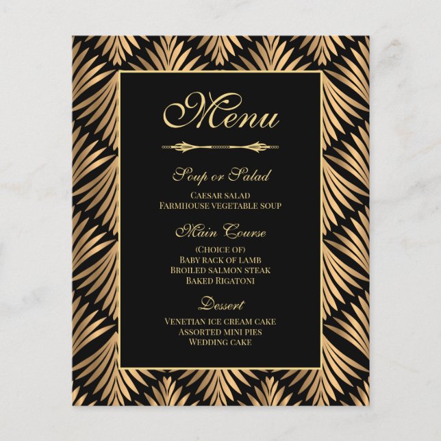 Art Deco Gold Black Great Gatsby Wedding Menü (Vorderseite)