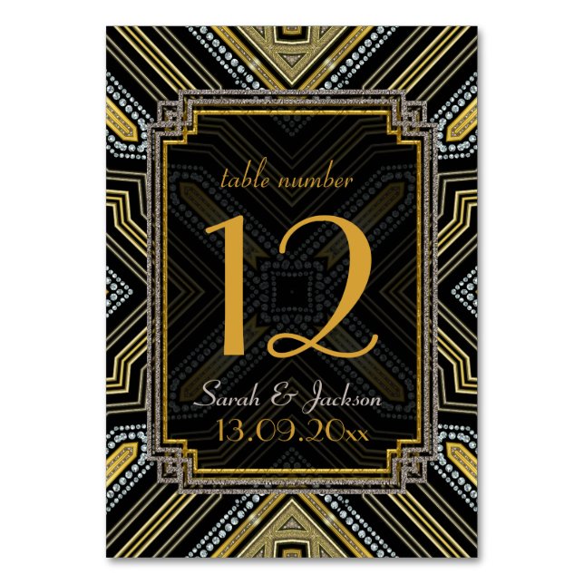 Art Deco Gold Black Guest Names Tischnummer (Vorderseite)