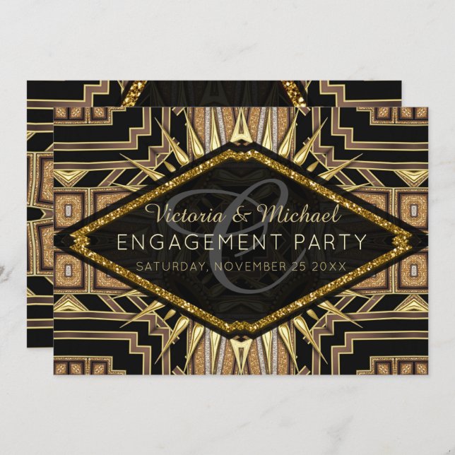 Art Deco Gold + Black Stylish Engagement Party Einladung (Vorne/Hinten)
