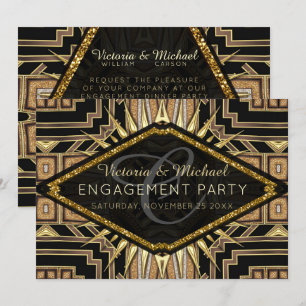 Art Deco Gold + Black Stylish Engagement Party Einladung