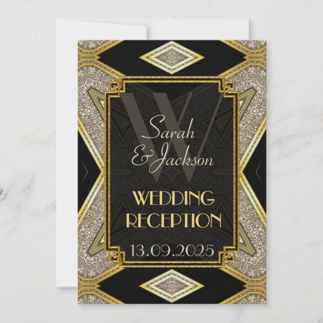 Art Deco Gold Black Wedding Reception Einladungen (Vorderseite)