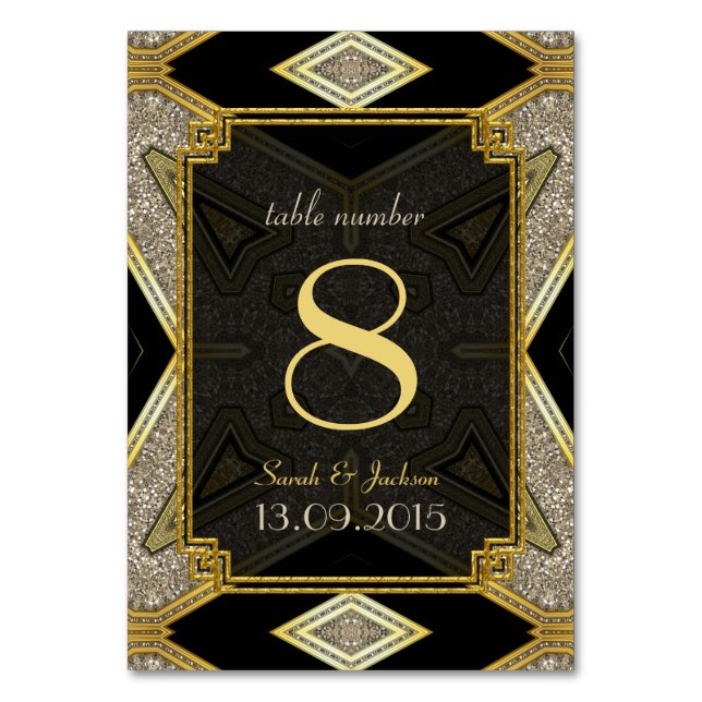 Art Deco Gold Black Wedding Tischnummer Card (Vorderseite)