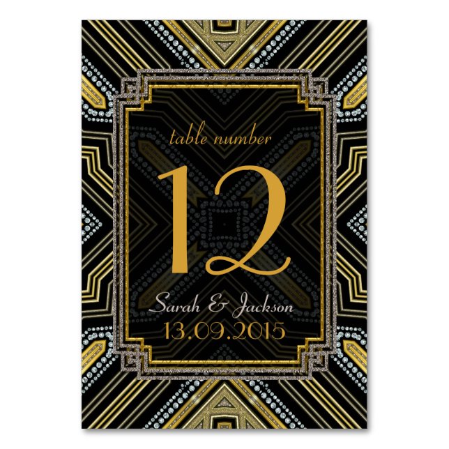 Art Deco Gold Black Wedding Tischnummer Card (Vorderseite)