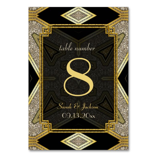 Art Deco Gold Black Wedding Tischnummer Card (Vorderseite)