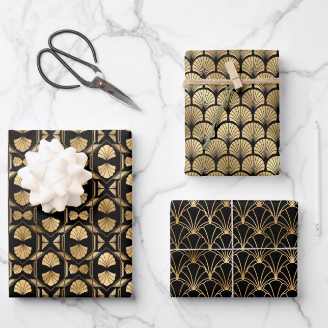 Art Deco Gold & Black Wrapping Paper Sheets Geschenkpapier Set (Vorderseite)