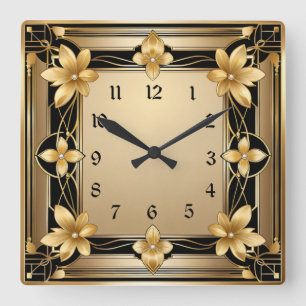 Art Deco Gold Blume Quadratische Wanduhr