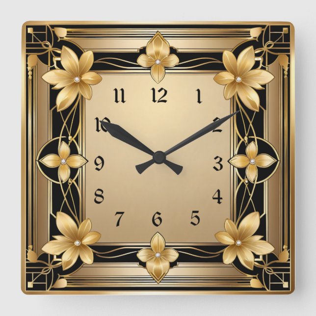 Art Deco Gold Blume Quadratische Wanduhr (Vorderseite)
