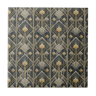 Art Deco Gold & Charcoal Schwarz geometrisches Mus Fliese