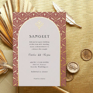 Art Deco Gold Floral Indian Wedding Sangeet Folieneinladung