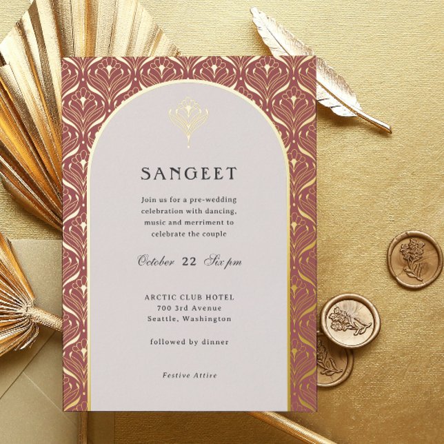 Art Deco Gold Floral Indian Wedding Sangeet Folieneinladung (sangeet invitation, indian wedding invitation, hindu wedding invitation, art deco gold foil invite)