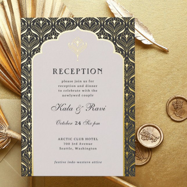 Art Deco Gold Floral Lotus Hochzeitsempfang Folieneinladung (art deco reception invitation, indian wedding invitation, hindu wedding invite, metallic gold foil)