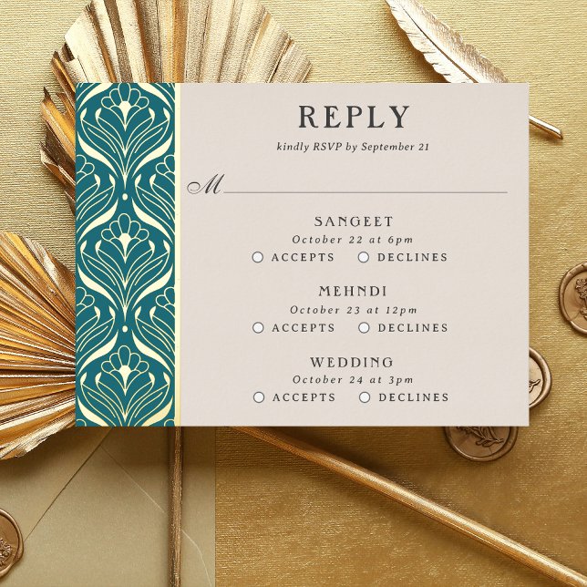 Art Deco Gold Floral Wedding Multi Event RSVP Card Folie Einladungspostkarte (multi event RSVP card, indian wedding invitation response card, hindu wedding reply card enclosure)