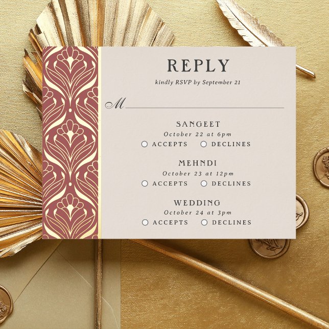 Art Deco Gold Floral Wedding Multi Event RSVP Card Folie Einladungspostkarte (multi event RSVP card, indian wedding invitation response card, hindu wedding reply card enclosure)