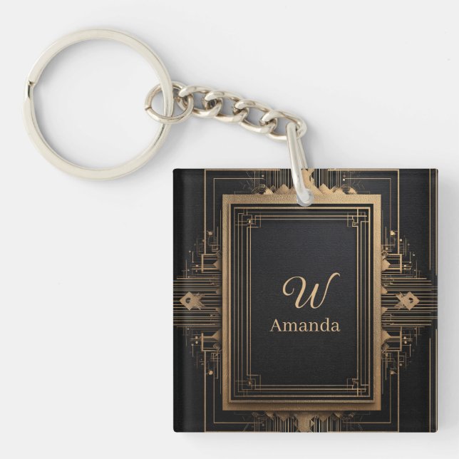 Art Deco Gold Frame with Custom Name and Initial Schlüsselanhänger (Vorderseite)