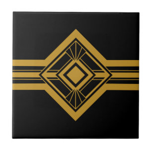 Art Deco Gold Geometrische Grenze Schwarz Fliese
