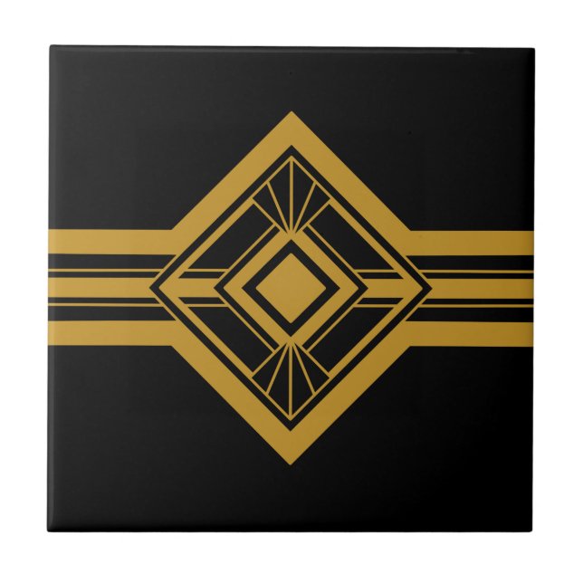 Art Deco Gold Geometrische Grenzen Schwarz Fliese (Vorderseite)