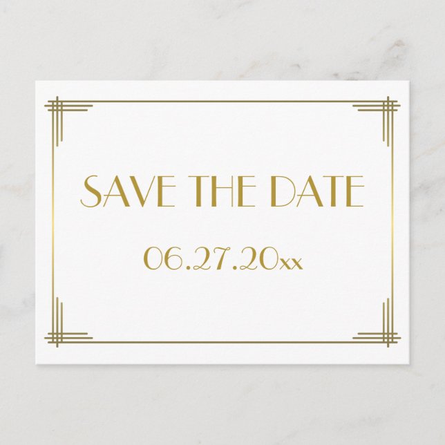 Art Deco Gold Great Gatsby Save the Date Postkarte (Vorderseite)