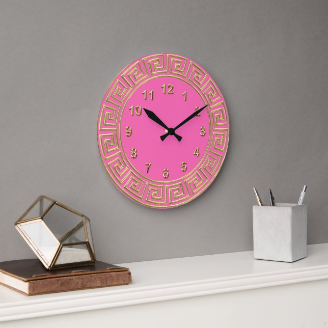 Art Deco Gold Hot Pink, griechischer Schlüssel Bor Große Wanduhr (Büro)