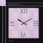 Art Deco Gold, Lavendel und Plum Square Wall Clock<br><div class="desc">Elegantes Art Deco Gold in Lavender mit dunklen Pflaumen römischen Zahlen und Trim unterlegt. Ideal für Einstiegshallen,  Restaurants,  Wohnbereiche und vieles mehr. Erhältlich in verschiedenen Farben.</div>