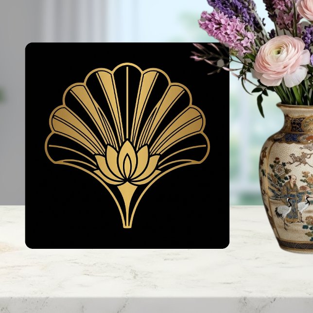 Art Deco Gold Lotus Fan Black Ceramic Tile Fliese (Von Creator hochgeladen)
