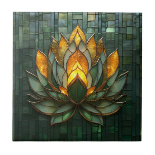 Art Deco Gold Lotus Green Tilework Print Fliese