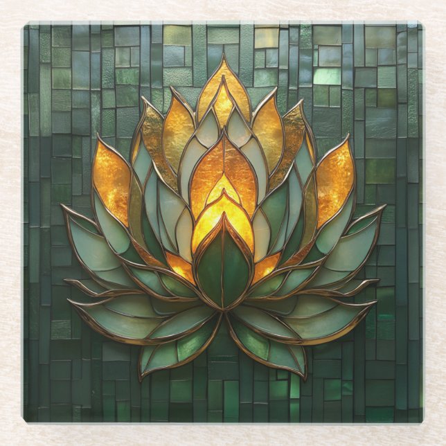 Art Deco Gold Lotus Green Tilework Print Glasuntersetzer (Vorderseite)