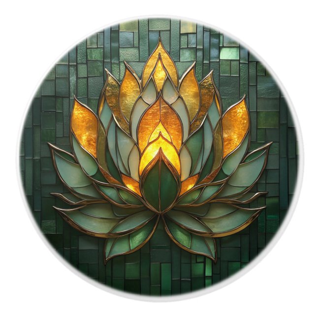 Art Deco Gold Lotus Green Tilework Print Keramikknauf (Vorderseite)