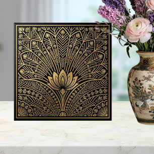 Art Deco Gold Lotus Schwarzes geometrisches Muster Fliese