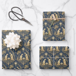 Art Deco Gold Nativity Pattern on Navy Geschenkpapier Set