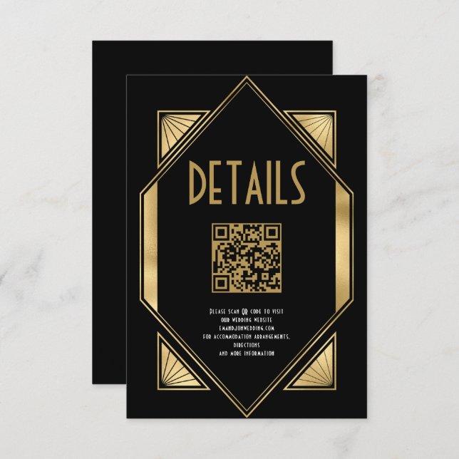 Art Deco Gold QR Code Hochzeitsdetails Begleitkarte (Vorne/Hinten)