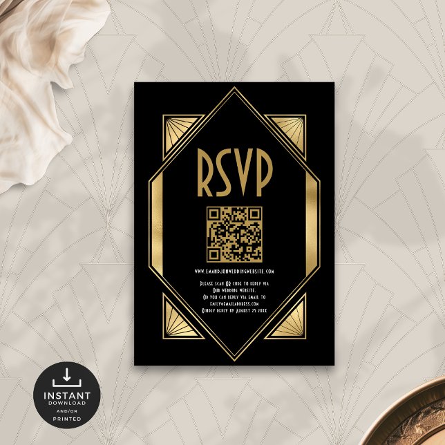 Art Deco Gold QR Code Wedding RSVP Begleitkarte (Von Creator hochgeladen)