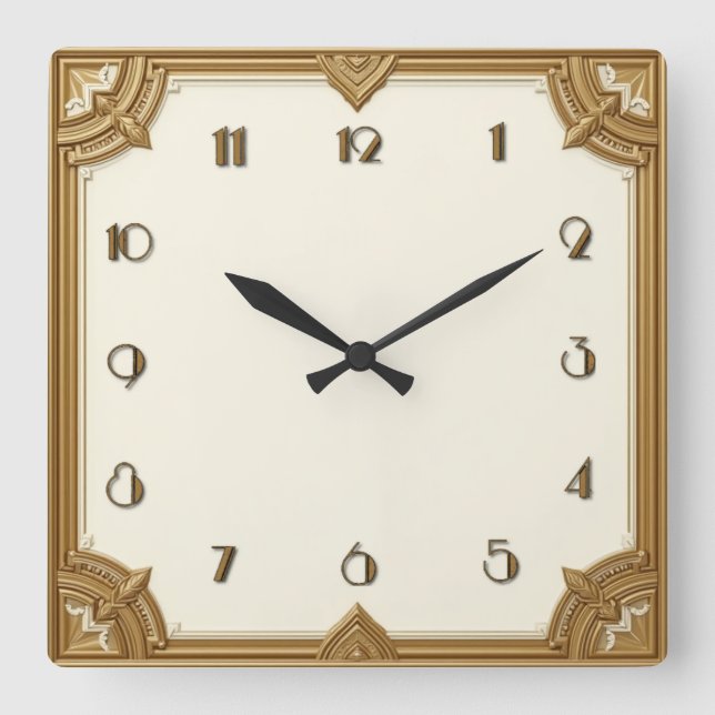 Art Deco Gold Quadratische Wanduhr (Vorderseite)
