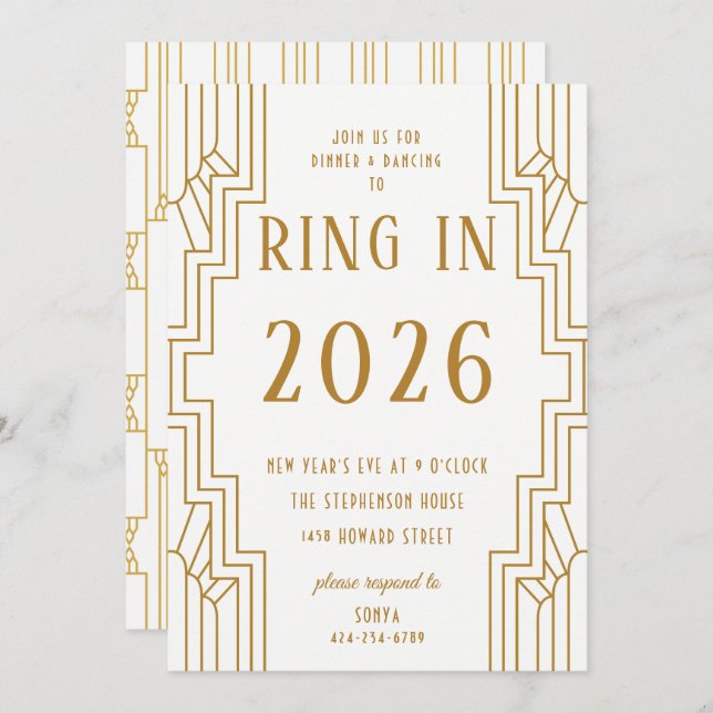 Art Deco Gold Rahmen Silvester Party Einladung (Vorne/Hinten)