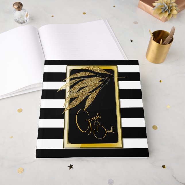 Art Deco Gold Rose Blätter Schwarze Streifen Hochz Gästebuch (Vorderseite offen)