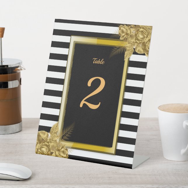 Art Deco, Gold Rose Streifen Hochzeit Tischnummer Sockelschild (In SItu)