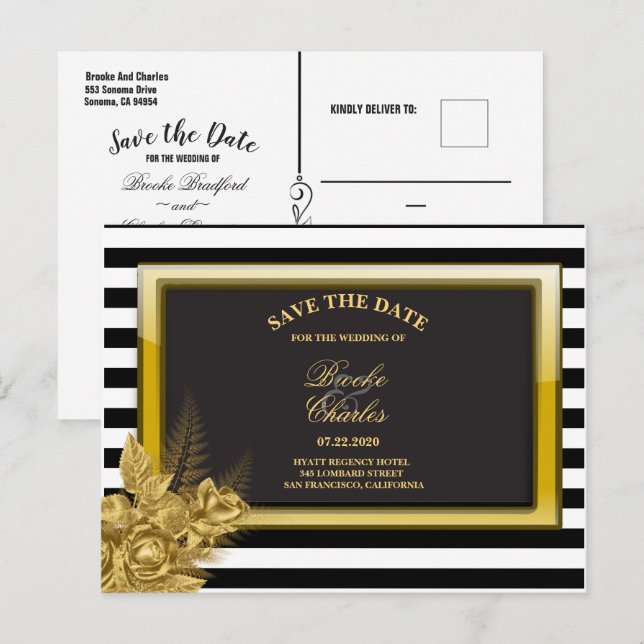 Art Deco Gold Rose & Streifen Save the Date Karte (Vorne/Hinten)