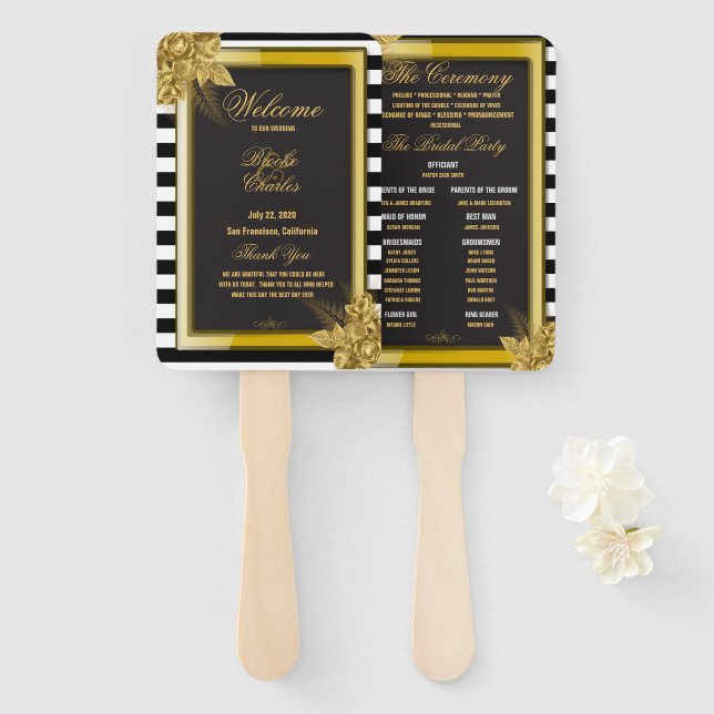 Art Deco Gold Rose, Stripes Wedding Program Fans Fächer (Vorne und Hinten)