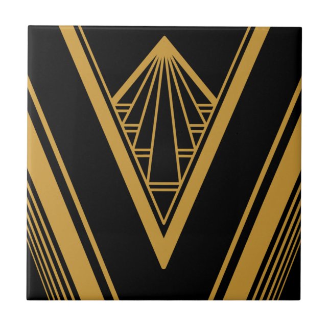 Art Deco Gold Schwarz Elegante Geometrische Karte Fliese (Vorderseite)