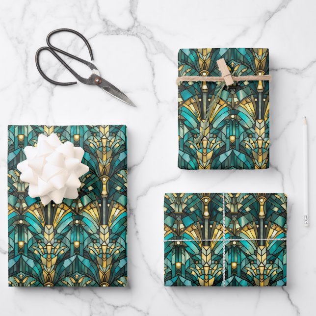 Art Deco Gold & Teal Geschenkpapier flache Bögen Set (Vorderseite)