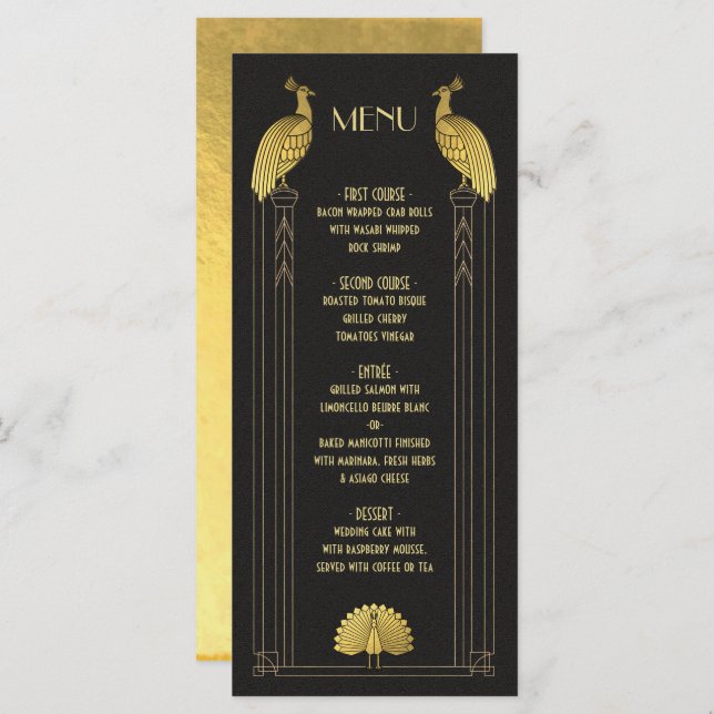 Art Deco Gold und Black Peacock Hochzeitskarte Menükarte (Vorne/Hinten)