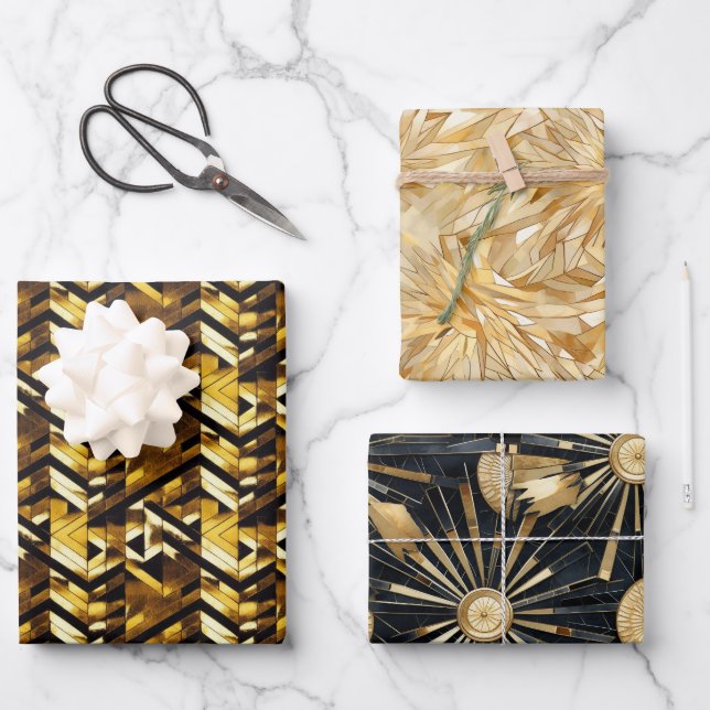 Art Deco Gold und Black Wrapping Paper Flat Set Geschenkpapier Set (Vorderseite)