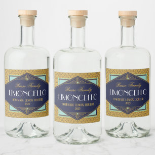 Art Deco Gold und Blauer Likör Alkoholflaschenetikett