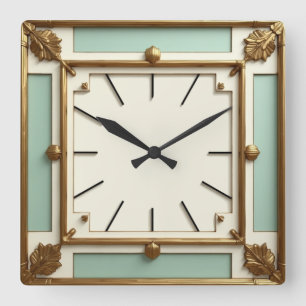 Art Deco Gold und Minze Quadratische Wanduhr