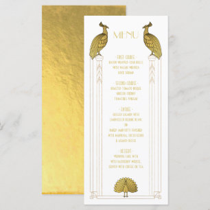 Art Deco Gold und White Peacock Hochzeitskarte Menükarte