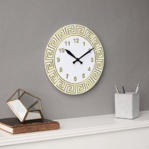 Art Deco Gold Weiß griechischer Schlüsselrand Gold Große Wanduhr